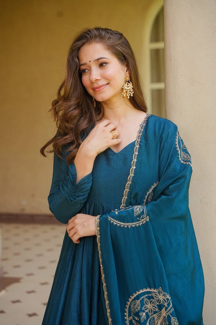 Wedding Wear Teal Blue Color Vichitra Silk Anarkali Palazzo Suit