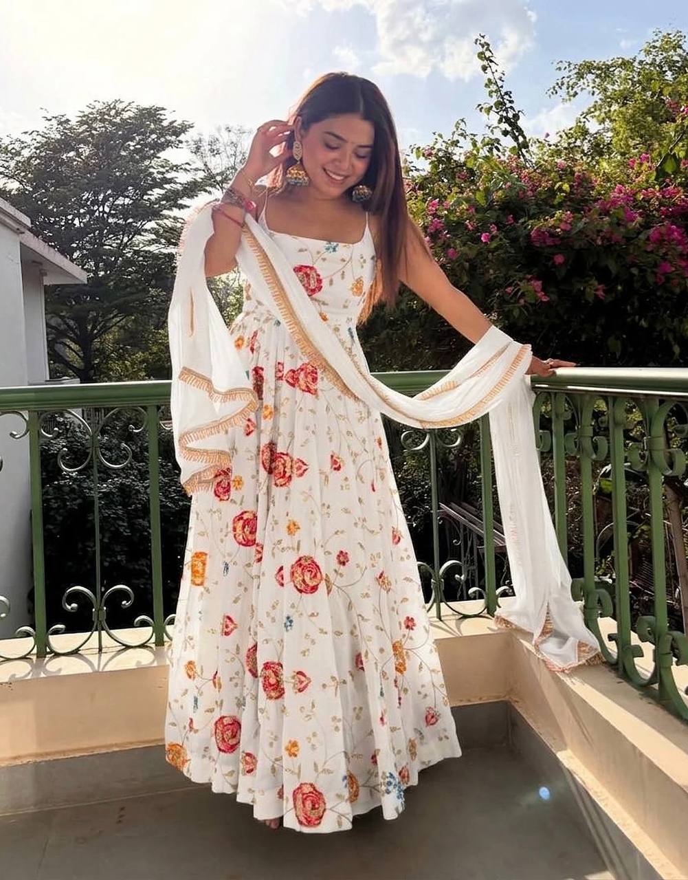 Designer White Heavy Silk With Zari And Sequins Work Anarkali Gown Set