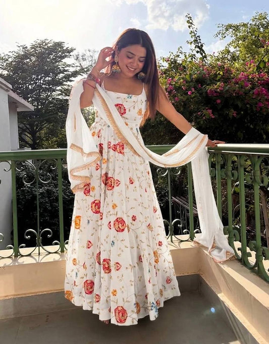 Designer White Heavy Silk With Zari And Sequins Work Anarkali Gown Set