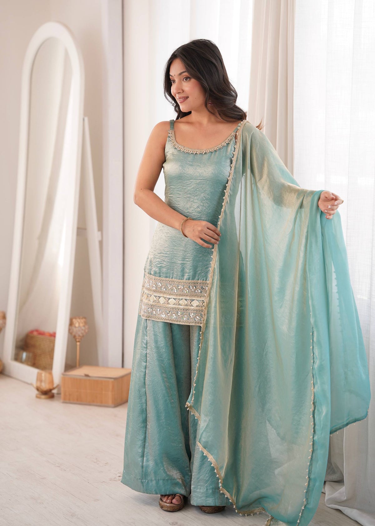 Arti Chauhan Wear Aqua Green Color Embroidered Sequence Work Palazzo Suit