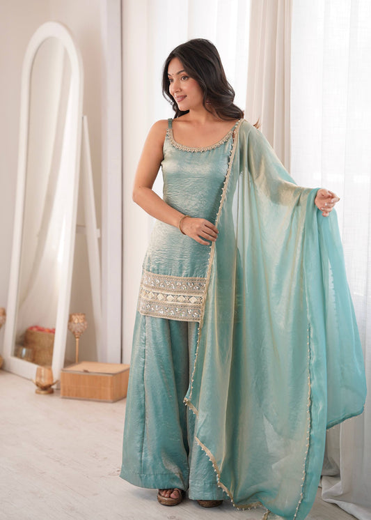 Arti Chauhan Wear Aqua Green Color Embroidered Sequence Work Palazzo Suit