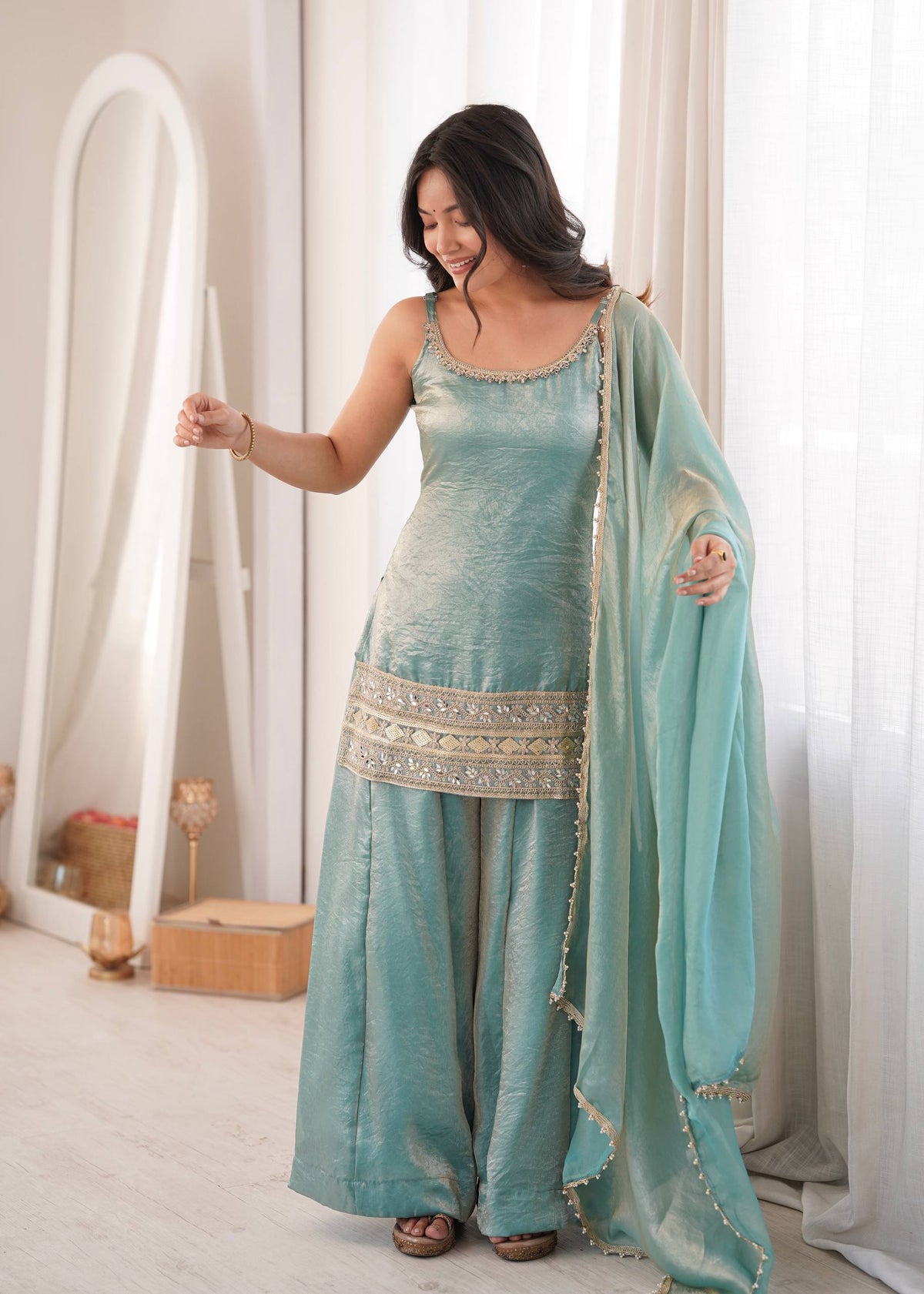 Arti Chauhan Wear Aqua Green Color Embroidered Sequence Work Palazzo Suit