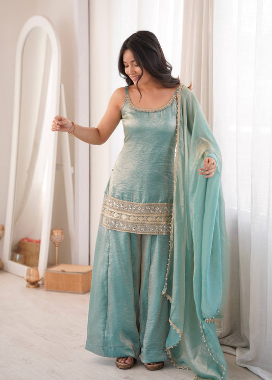 Arti Chauhan Wear Aqua Green Color Embroidered Sequence Work Palazzo Suit