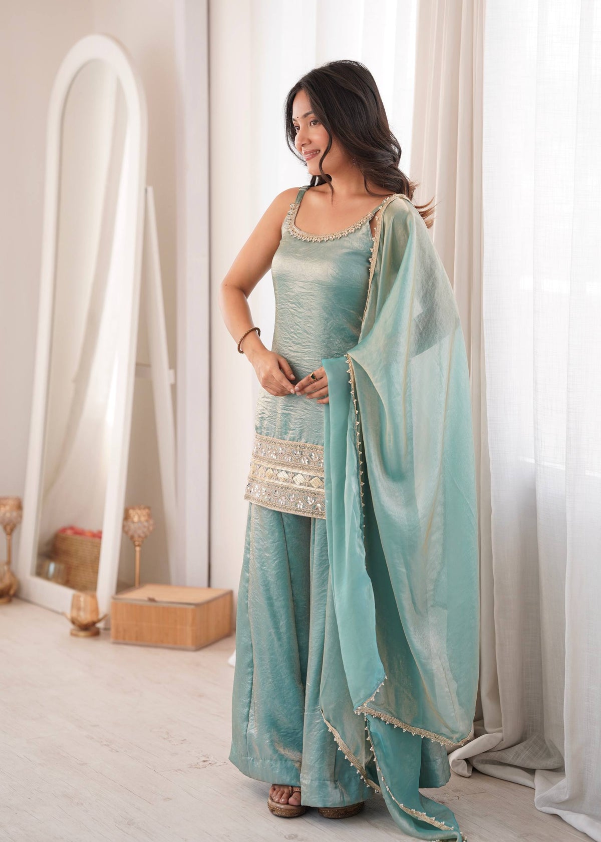 Arti Chauhan Wear Aqua Green Color Embroidered Sequence Work Palazzo Suit