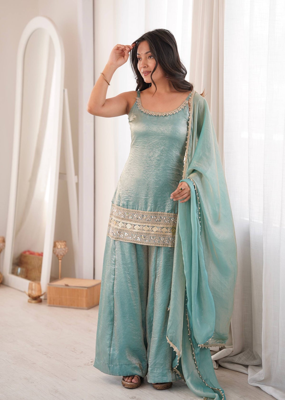 Arti Chauhan Wear Aqua Green Color Embroidered Sequence Work Palazzo Suit