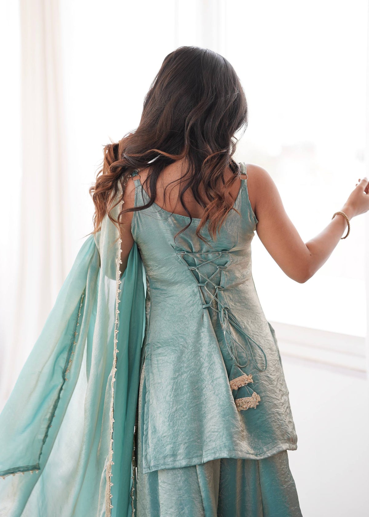 Arti Chauhan Wear Aqua Green Color Embroidered Sequence Work Palazzo Suit