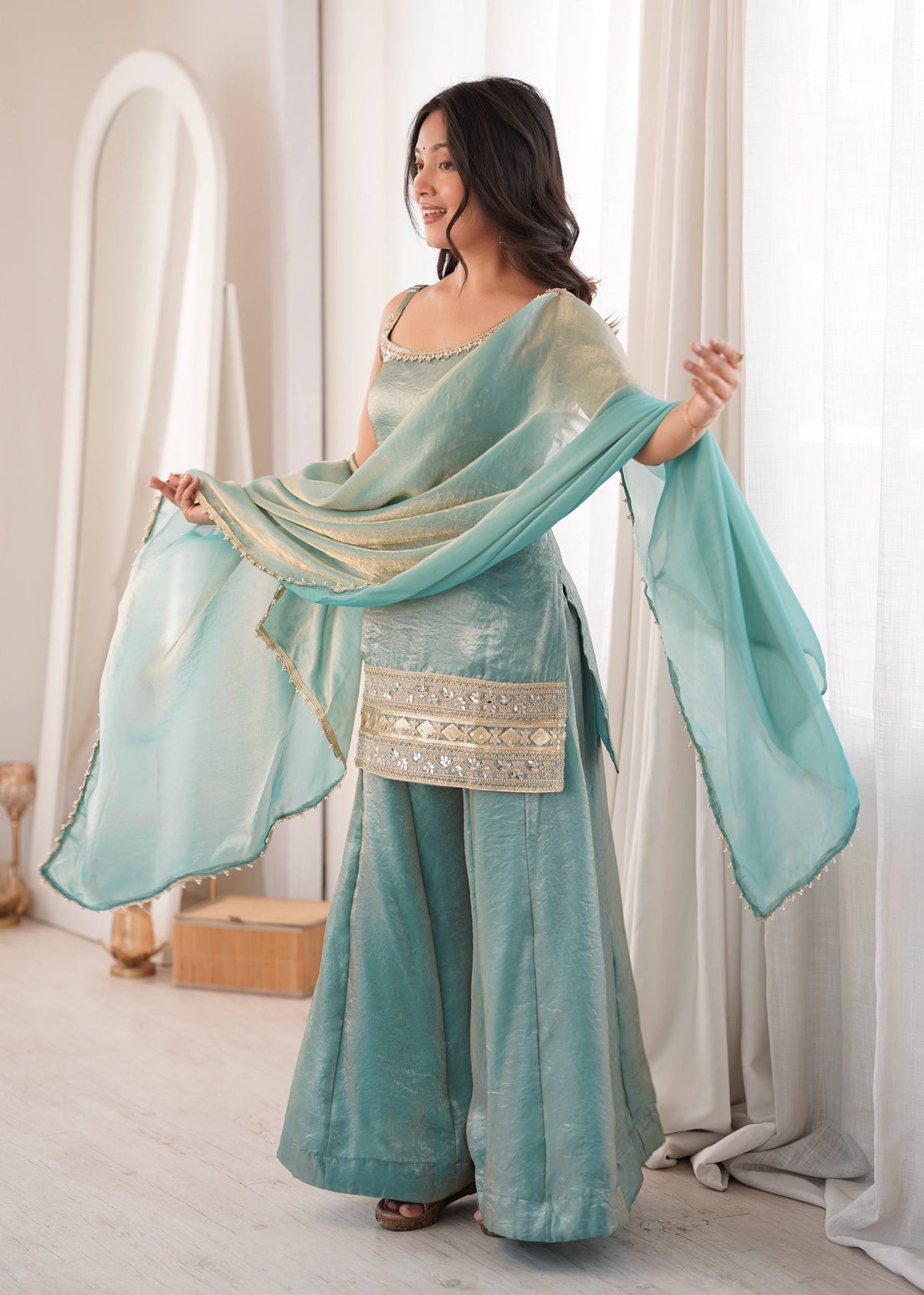 Arti Chauhan Wear Aqua Green Color Embroidered Sequence Work Palazzo Suit