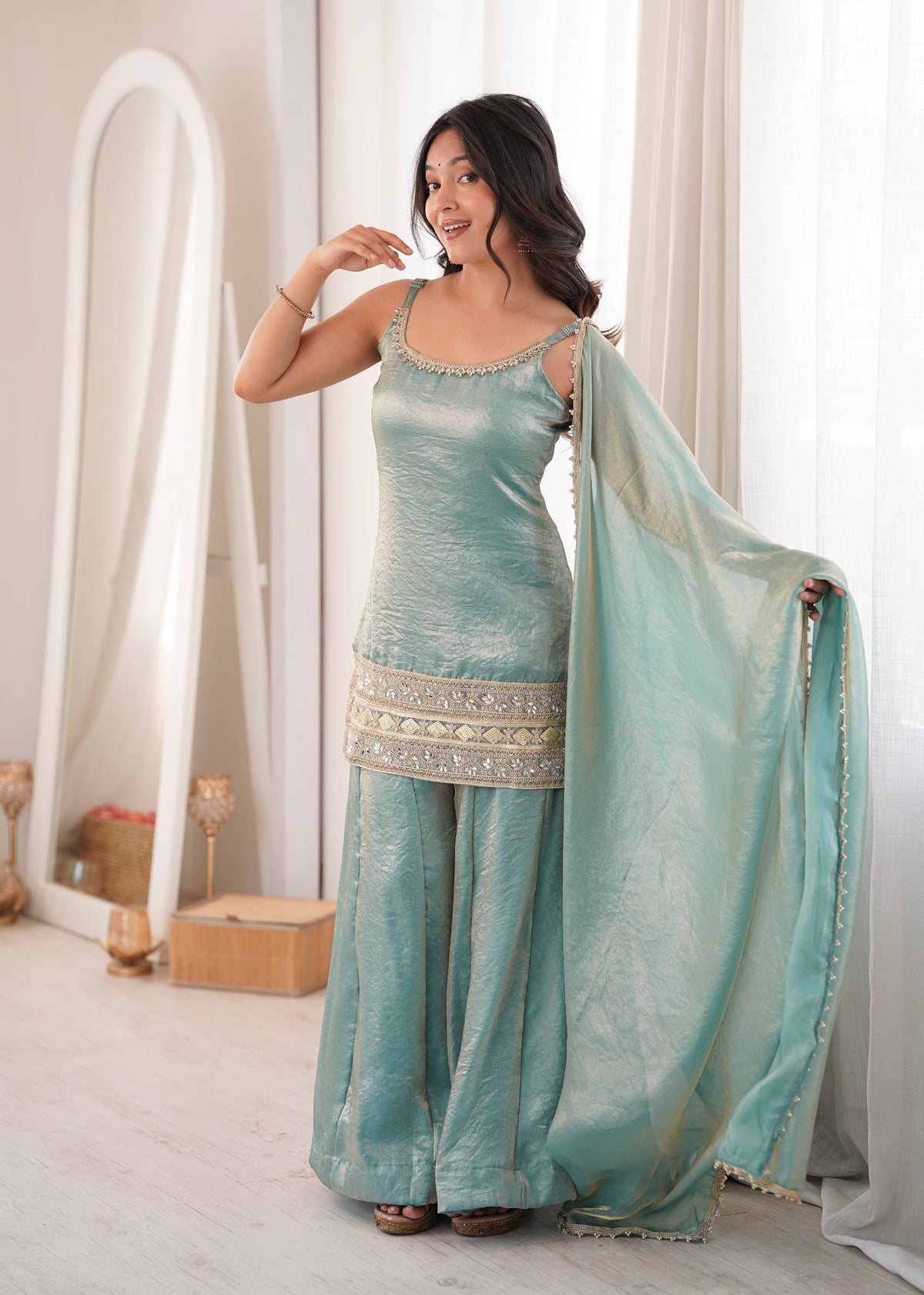 Arti Chauhan Wear Aqua Green Color Embroidered Sequence Work Palazzo Suit
