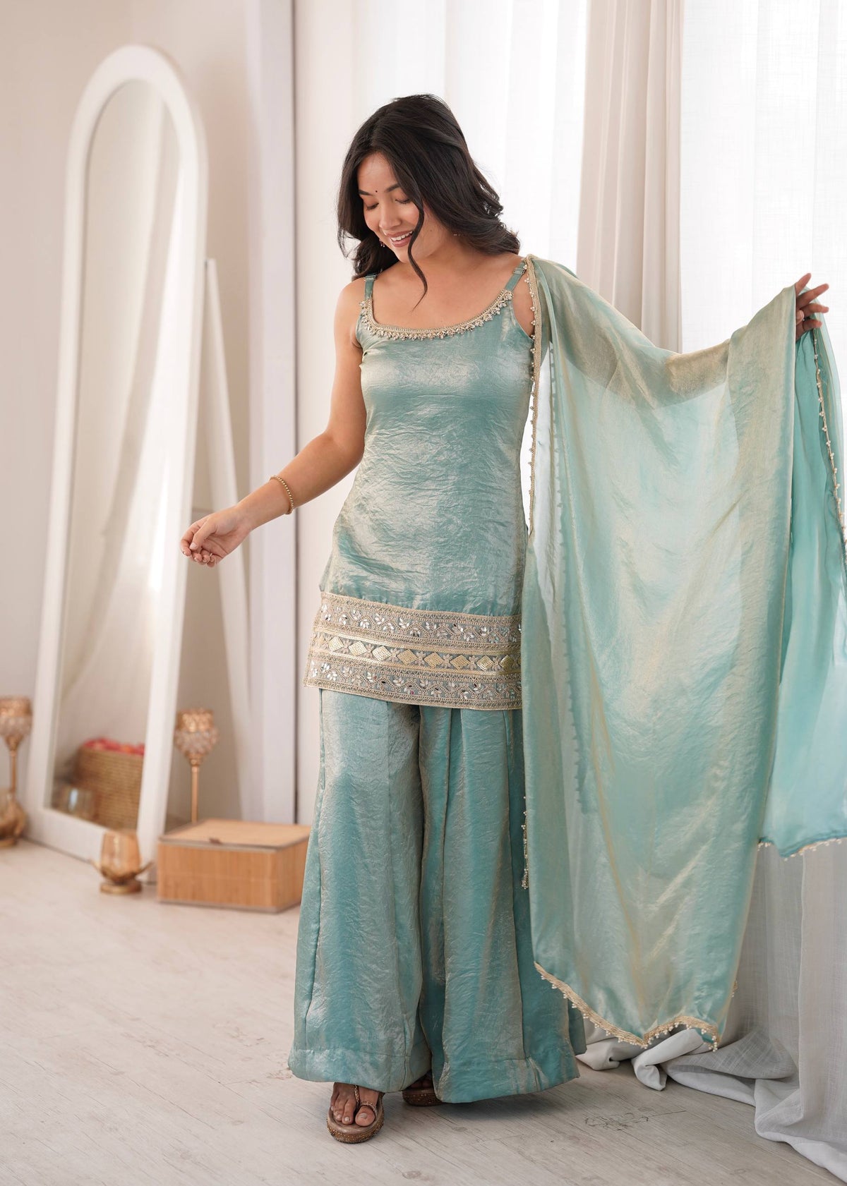 Arti Chauhan Wear Aqua Green Color Embroidered Sequence Work Palazzo Suit