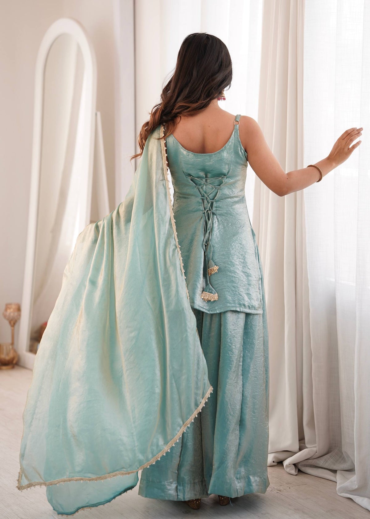 Arti Chauhan Wear Aqua Green Color Embroidered Sequence Work Palazzo Suit