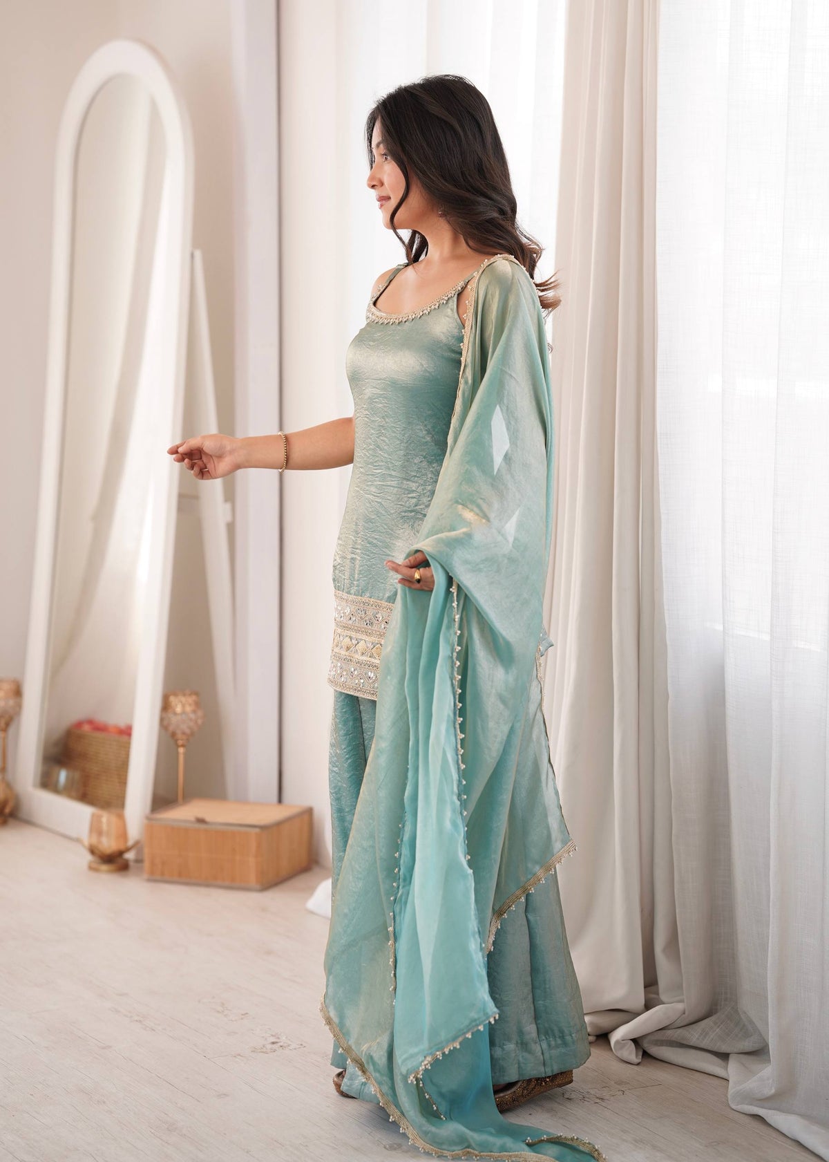 Arti Chauhan Wear Aqua Green Color Embroidered Sequence Work Palazzo Suit