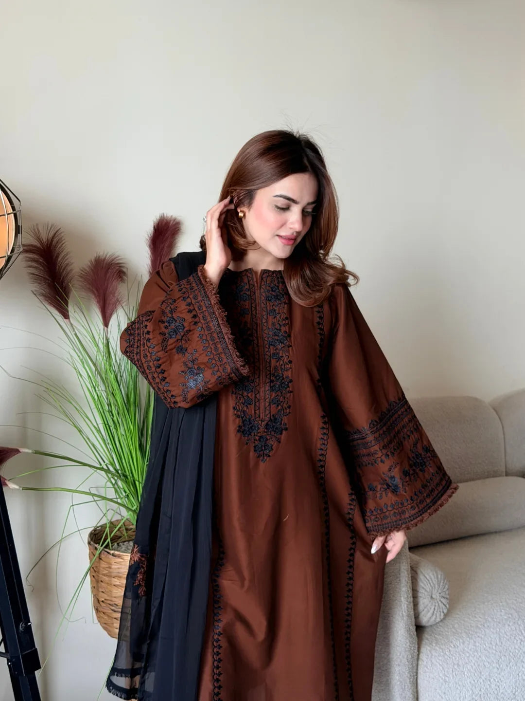 Luxury Coffee Color Thread Embroidery Silk Designer Palazzo Suit