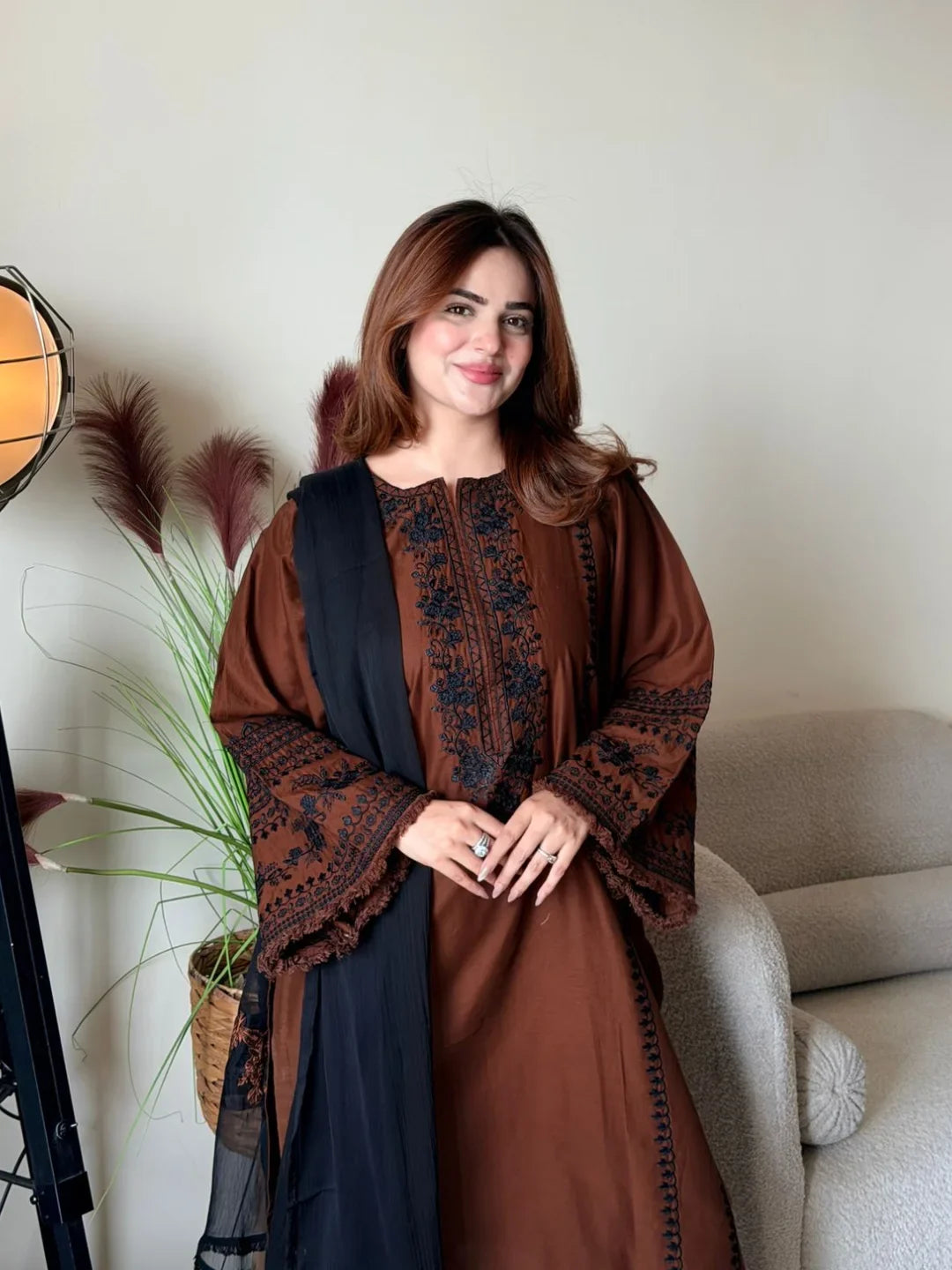Luxury Coffee Color Thread Embroidery Silk Designer Palazzo Suit