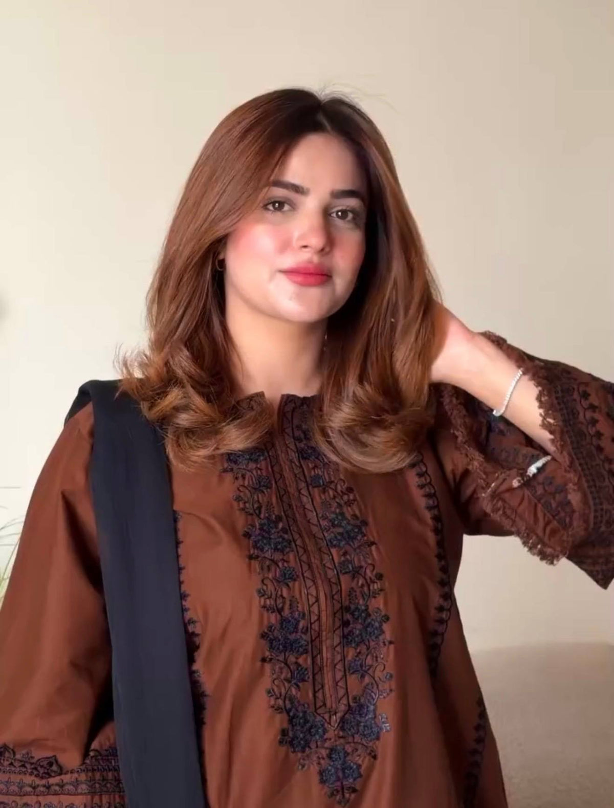 Luxury Coffee Color Thread Embroidery Silk Designer Palazzo Suit