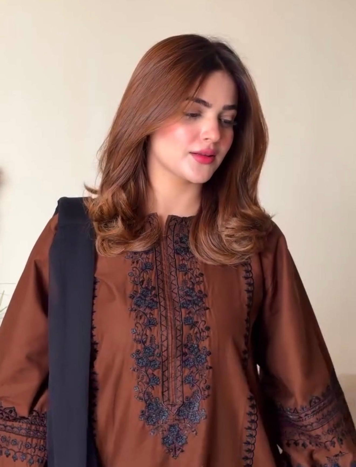 Luxury Coffee Color Thread Embroidery Silk Designer Palazzo Suit