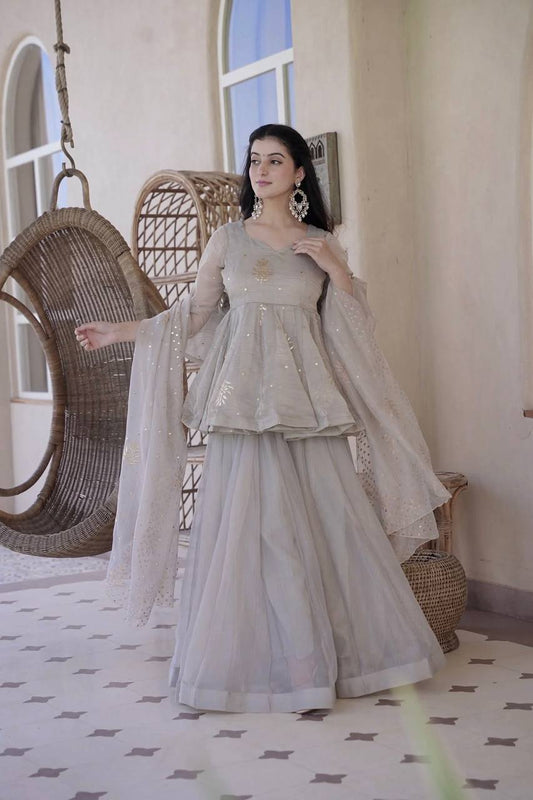Wedding Wear Grey Color Tabby Silk Foil Work Palazzo Suit
