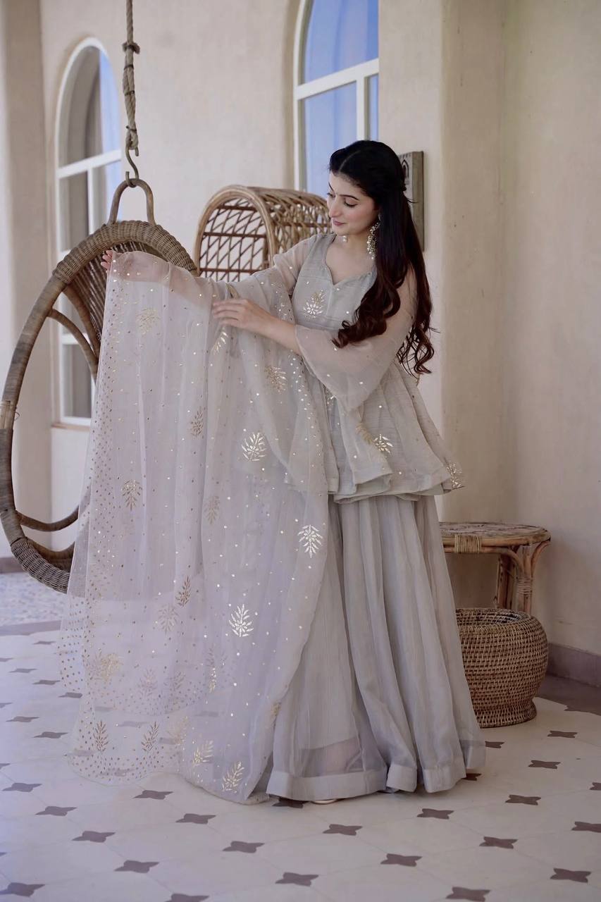 Wedding Wear Grey Color Tabby Silk Foil Work Palazzo Suit