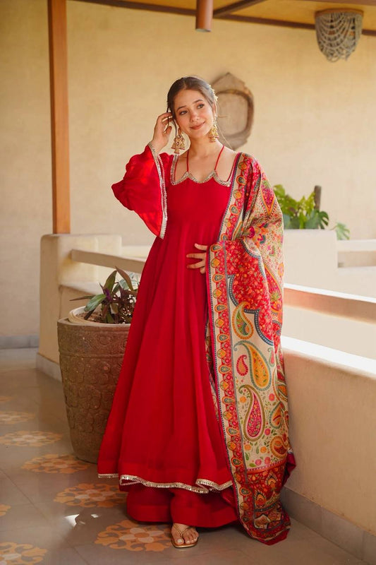 Raksha Bandhan Wear Red Color Tabby Silk Anarkali Suit