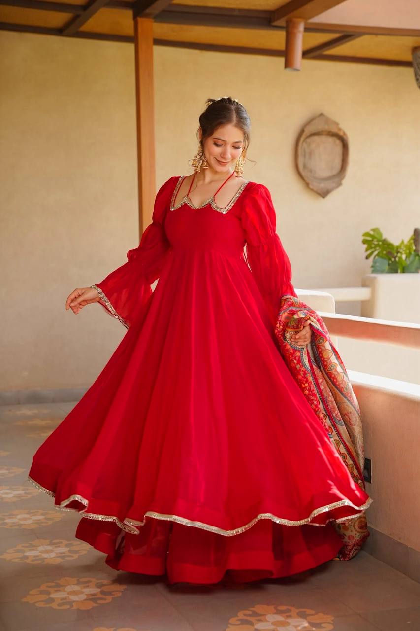 Raksha Bandhan Wear Red Color Tabby Silk Anarkali Suit