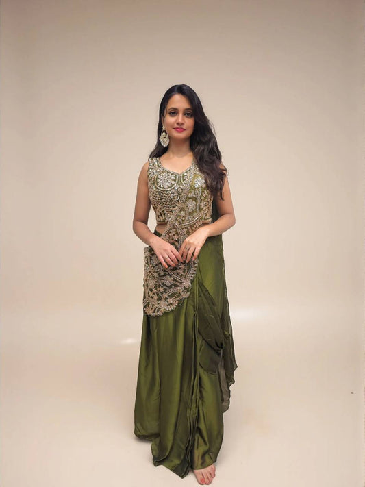 Engagement Wear Green Embroidery Color Rangoli Silk Lehenga Saree