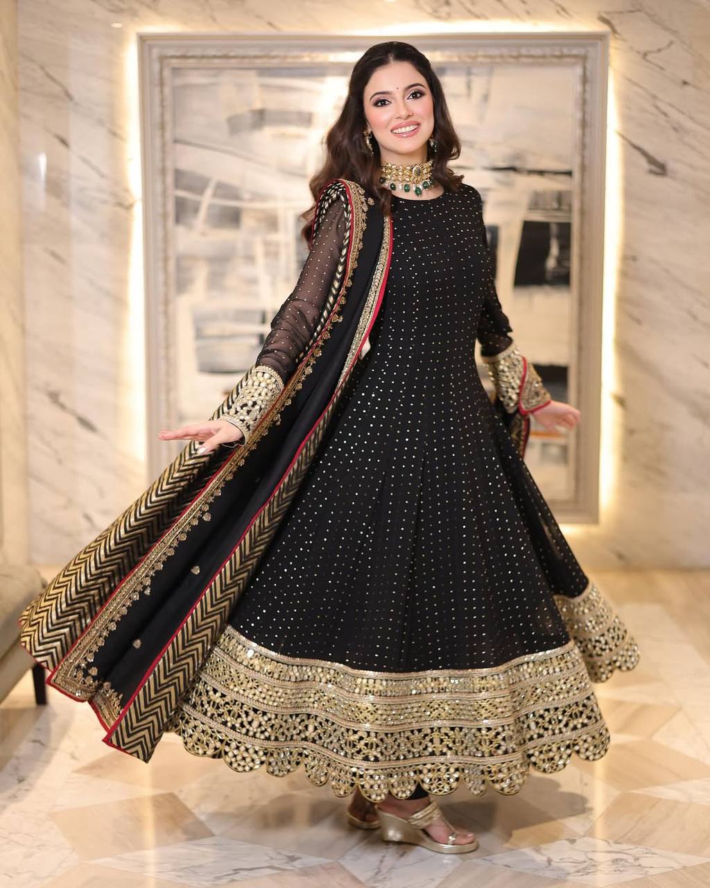 Wedding Wear Black Color Embroidery Zari Work Anarkali Gown