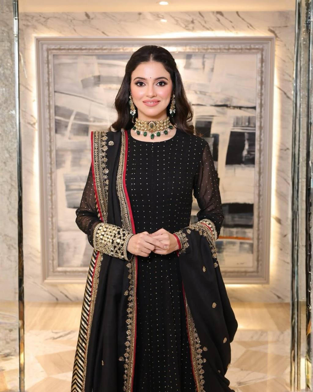 Wedding Wear Black Color Embroidery Zari Work Anarkali Gown