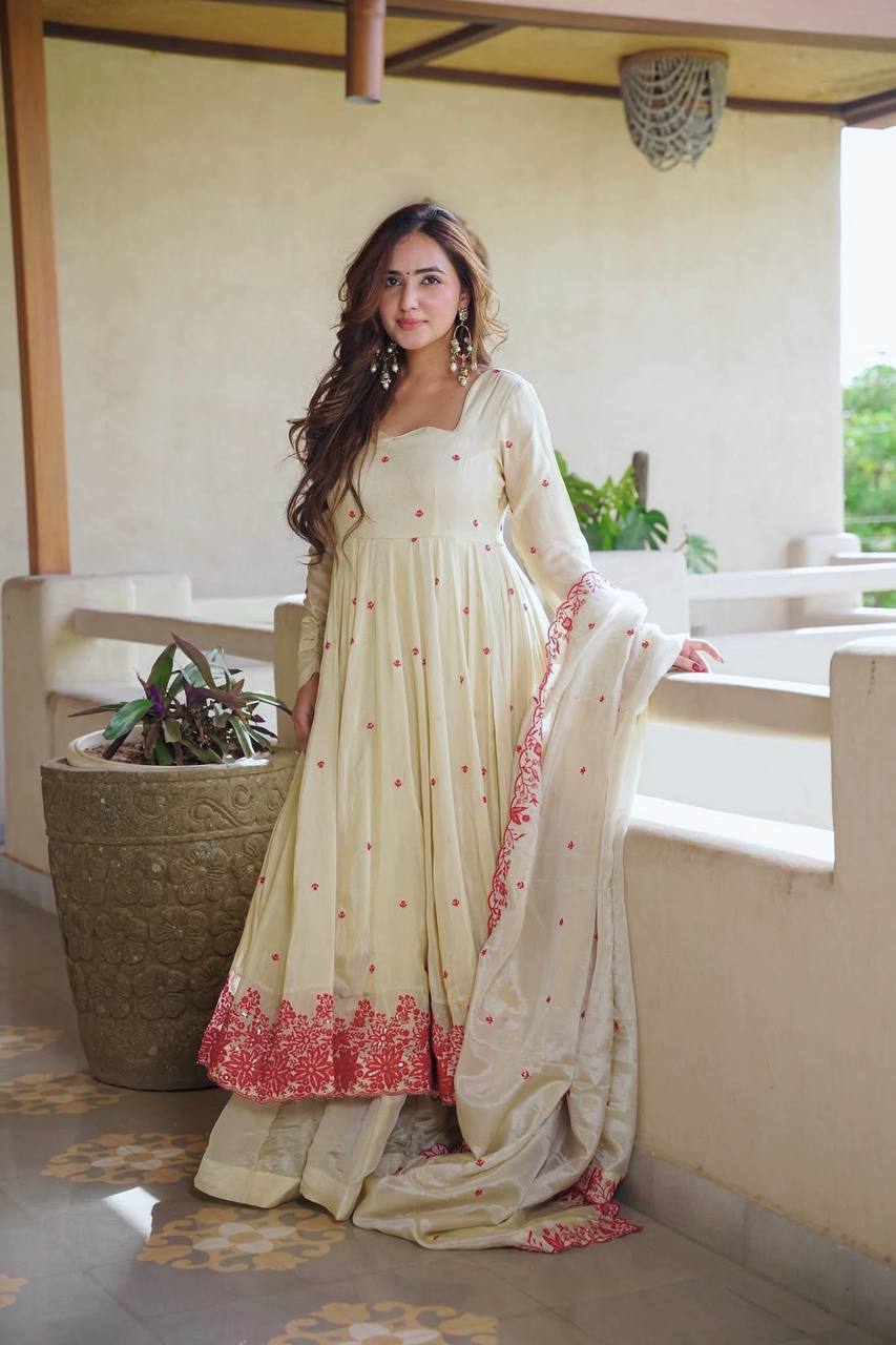 Make A Grand Entrance At Every Celebration With This Exquisite Heavy Silk Anarkali Sharara Set, Beautifully Adorned With Elegant Embroidery And Shimmering 3mm Sequins Work. Featuring A Graceful 48–49 Inch Anarkali Gown, A Stylish Heavy Silk Sharara, And A Matching Heavy Silk Embroidered Dupatta, This Luxurious Ensemble Is Crafted For Weddings, Receptions, Festive Occasions, And Traditional Celebrations. 💃✨
