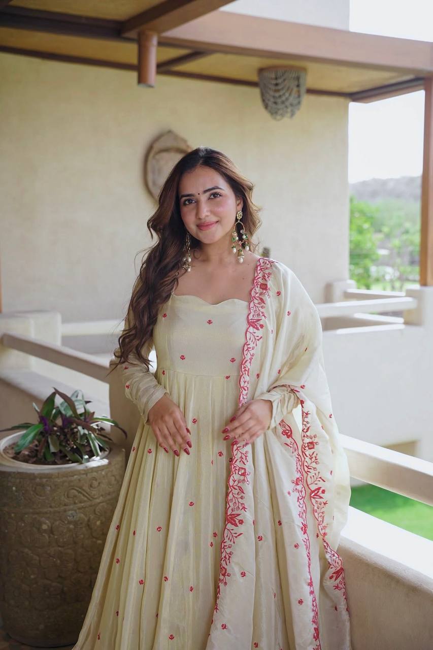 Elegant Off White Color Embroidery Silk Ready To Wear Anarkali Suit Set