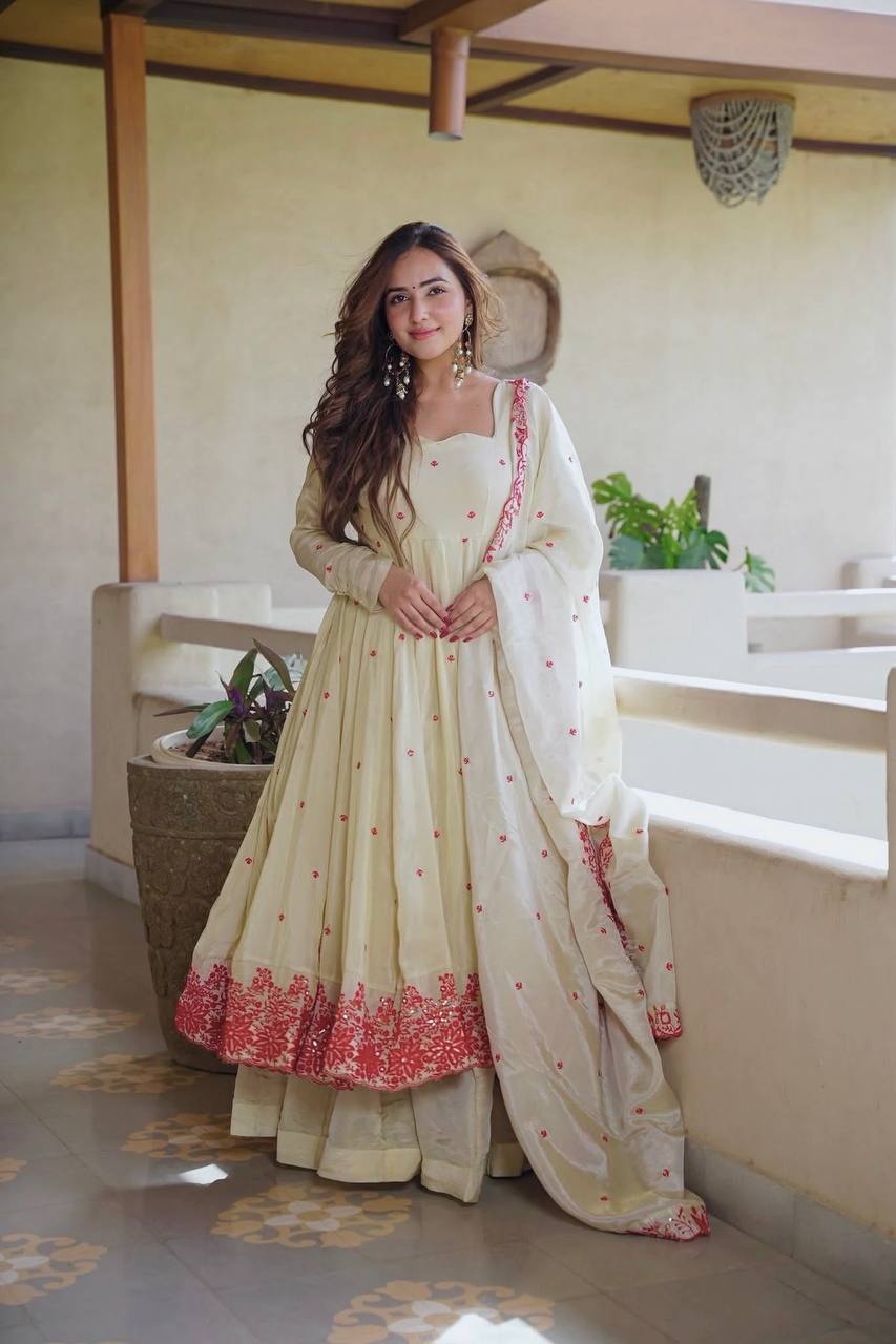 Elegant Off White Color Embroidery Silk Ready To Wear Anarkali Suit Set