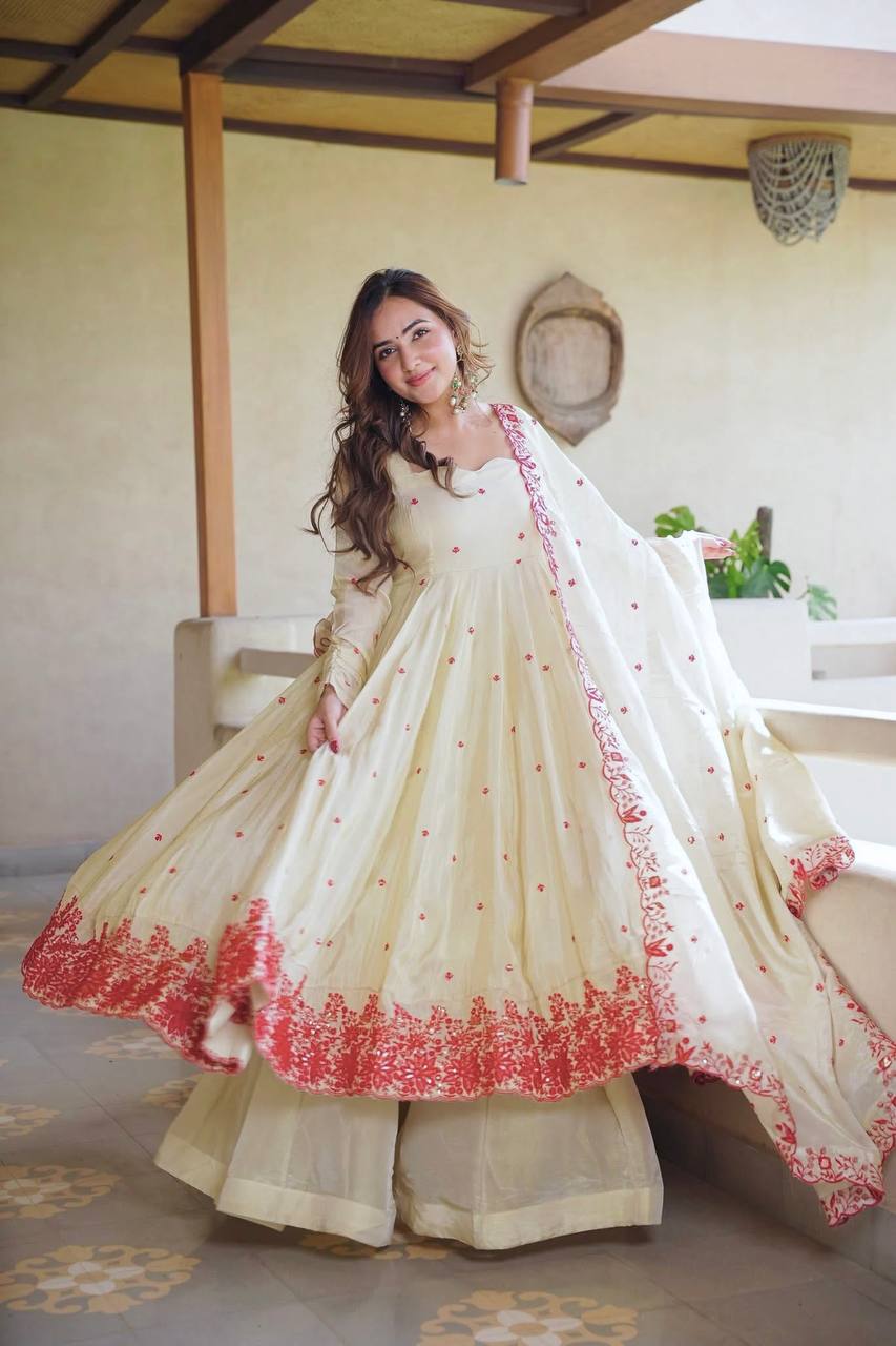 Elegant Off White Color Embroidery Silk Ready To Wear Anarkali Suit Set