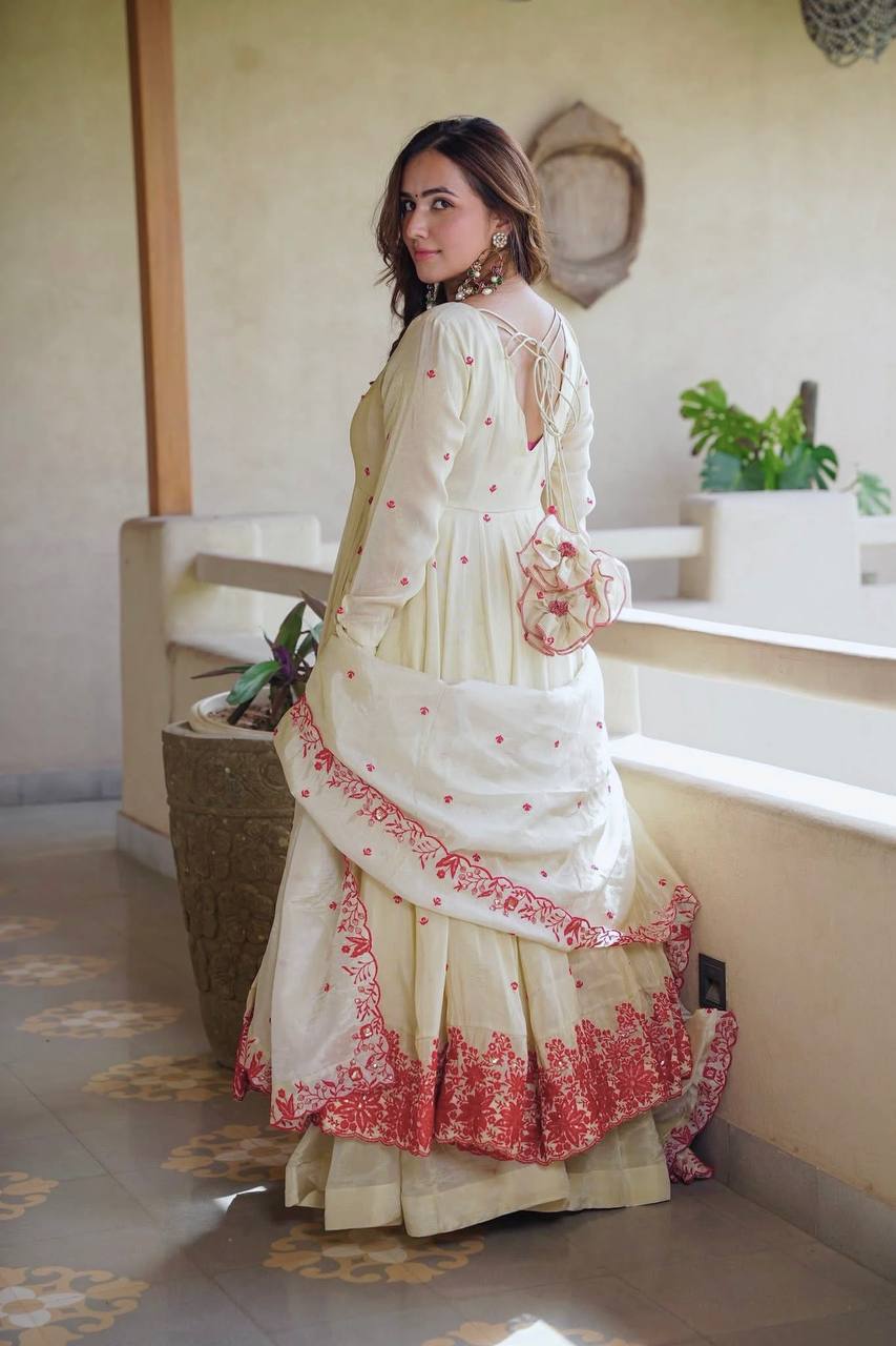 Elegant Off White Color Embroidery Silk Ready To Wear Anarkali Suit Set