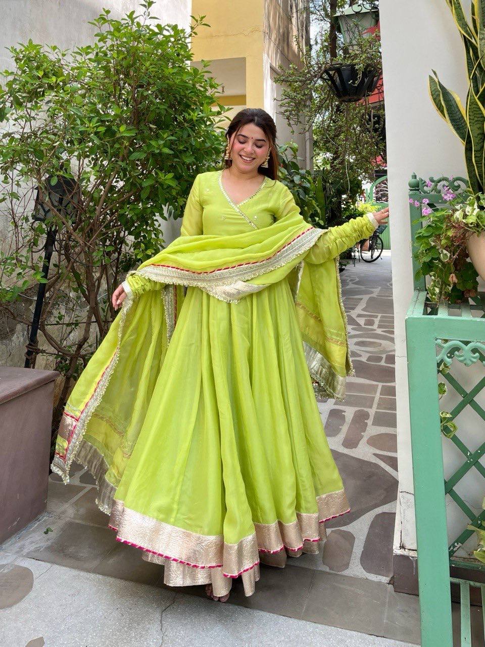 Neha's Wear Parrot Green Color Organza Silk Original Mirror Hand Work Anarkali Lehenga 