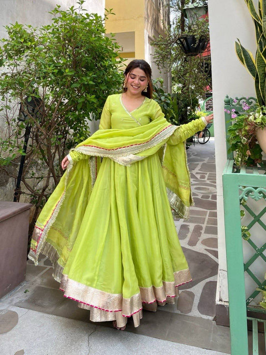 Neha's Wear Parrot Green Color Organza Silk Original Mirror Hand Work Anarkali Lehenga 