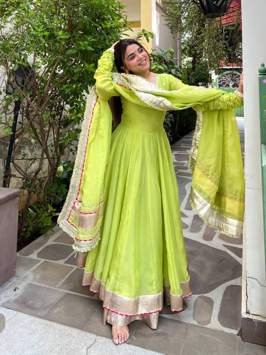 Neha's Wear Parrot Green Color Organza Silk Mirror Hand Work Anarkali Lehenga
