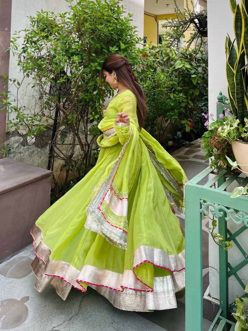 Neha's Wear Parrot Green Color Organza Silk Mirror Hand Work Anarkali Lehenga