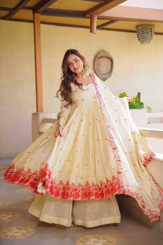 Party Wear Cosmos Silk Thread Embroidery Work Anarkali Sharara Suit
