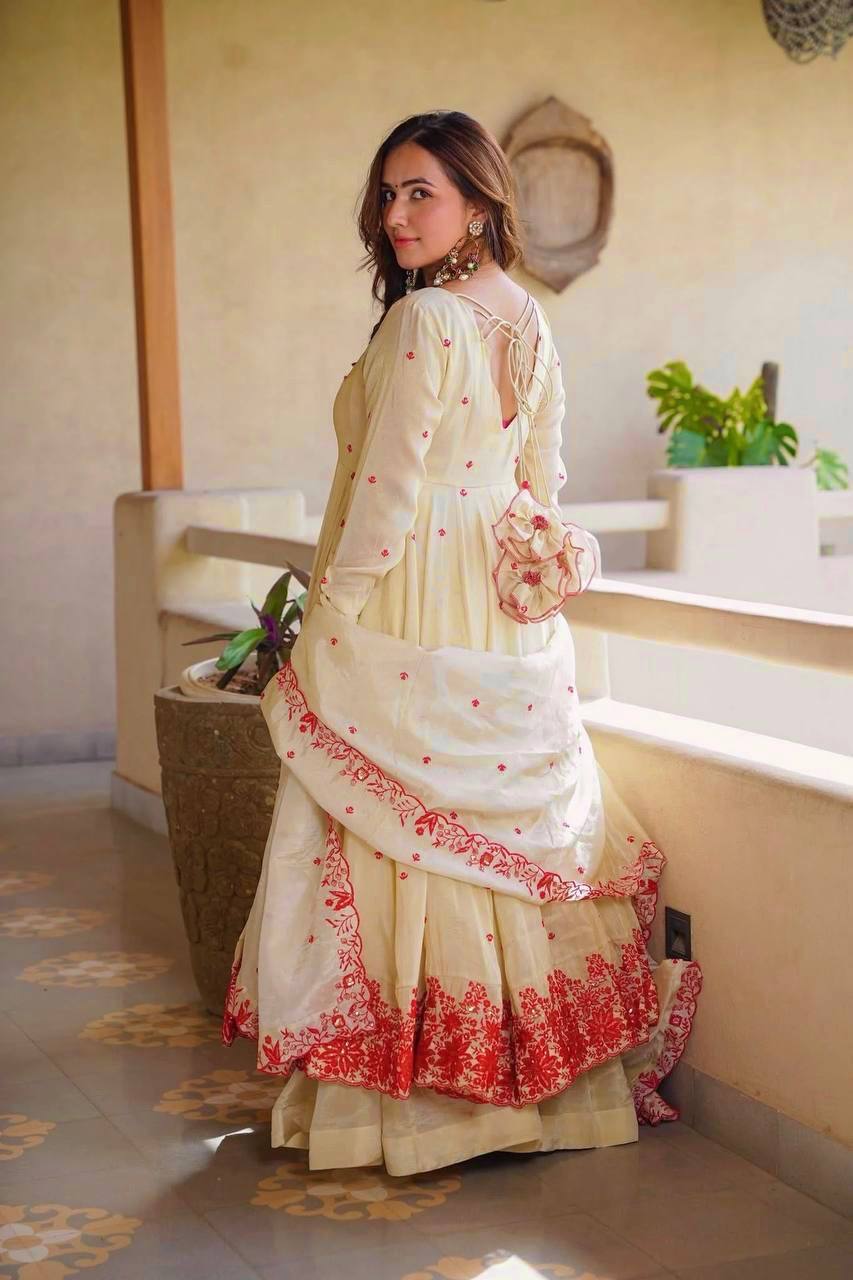 Party Wear Cosmos Silk Thread Embroidery Work Anarkali Sharara Suit