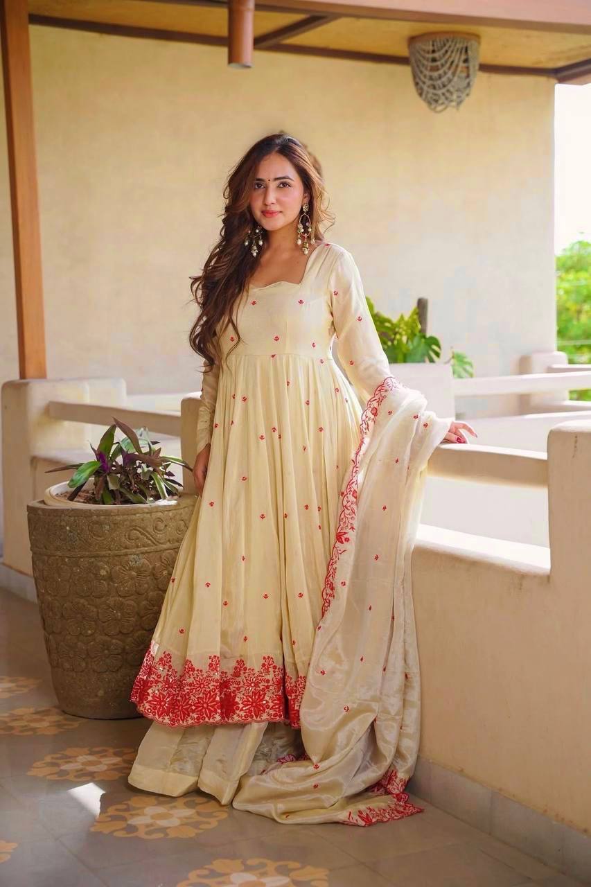 ✨ Premium Pure Cosmos Silk Anarkali Sharara Set – Luxury Thread Embroidery Collection ✨
