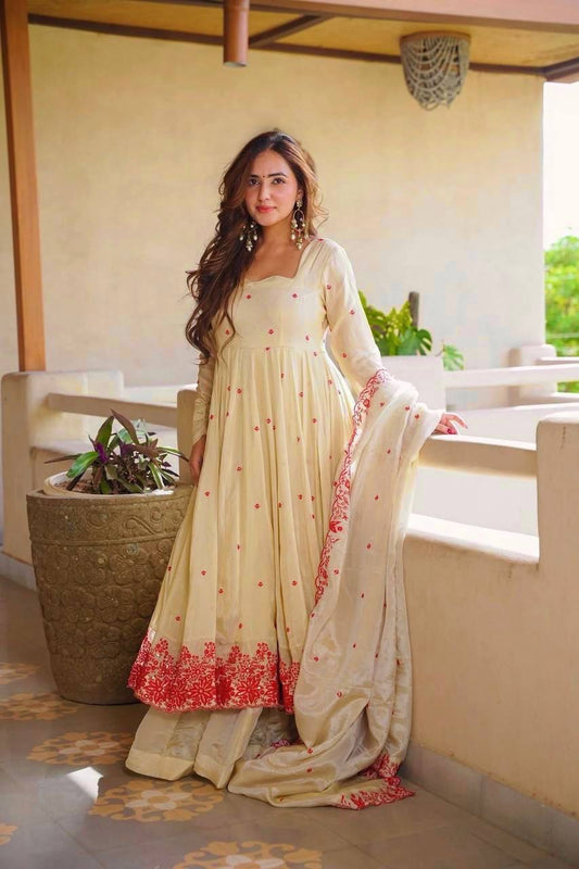 ✨ Premium Pure Cosmos Silk Anarkali Sharara Set – Luxury Thread Embroidery Collection ✨