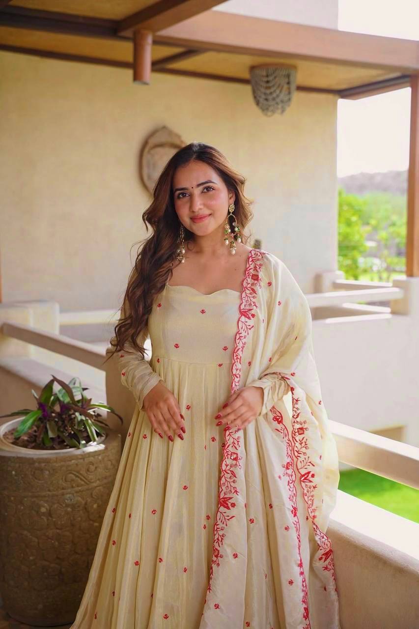 Party Wear Cosmos Silk Thread Embroidery Work Anarkali Sharara Suit