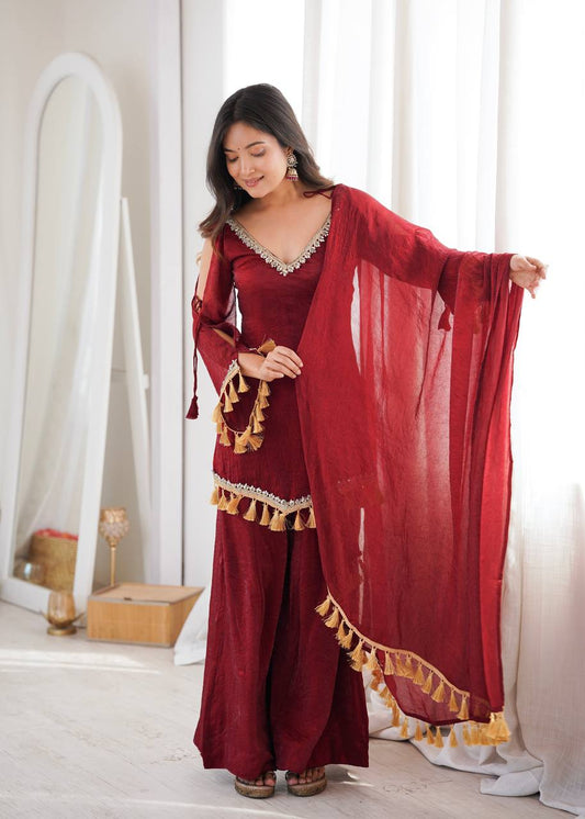 Arti Chauhan Wear Maroon Color Mirror Work Raksha Bandhan Wear Palazzo Suit