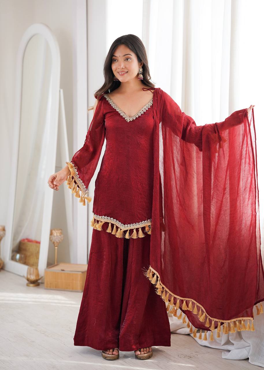 Arti Chauhan Wear Maroon Color Mirror Work Raksha Bandhan Wear Palazzo Suit