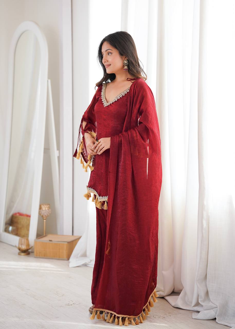 Arti Chauhan Wear Maroon Color Mirror Work Raksha Bandhan Wear Palazzo Suit