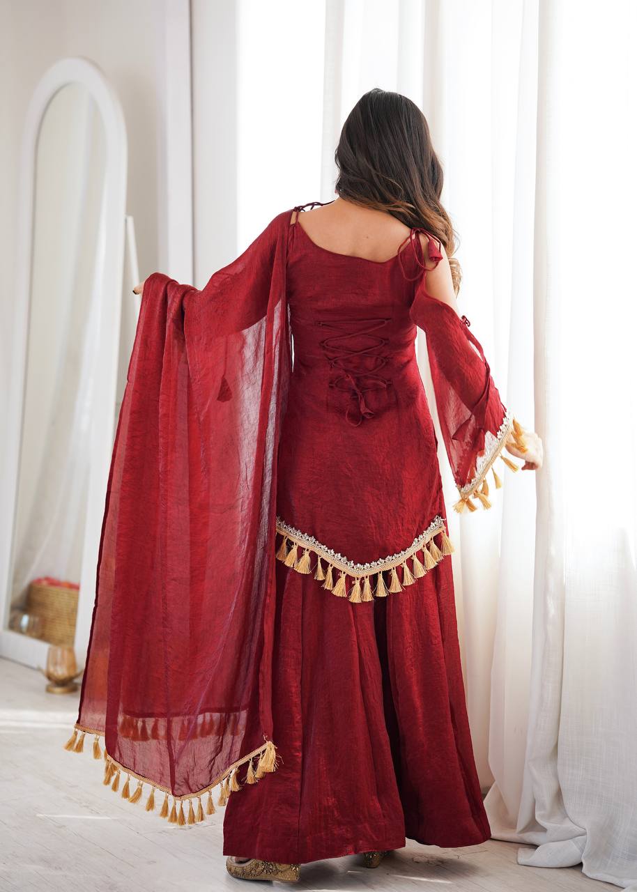 Arti Chauhan Wear Maroon Color Mirror Work Raksha Bandhan Wear Palazzo Suit