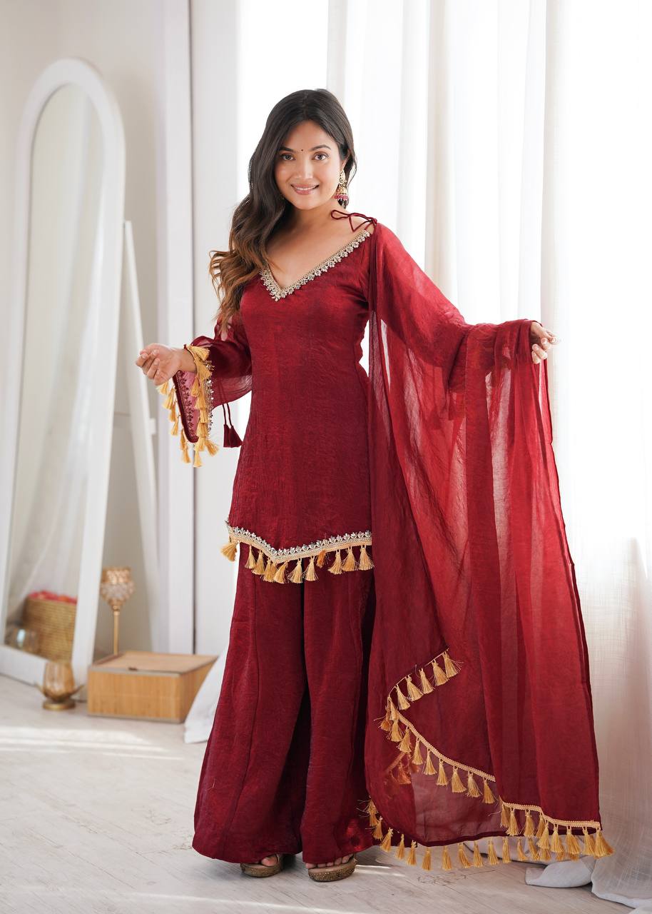 Arti Chauhan Wear Maroon Color Mirror Work Raksha Bandhan Wear Palazzo Suit
