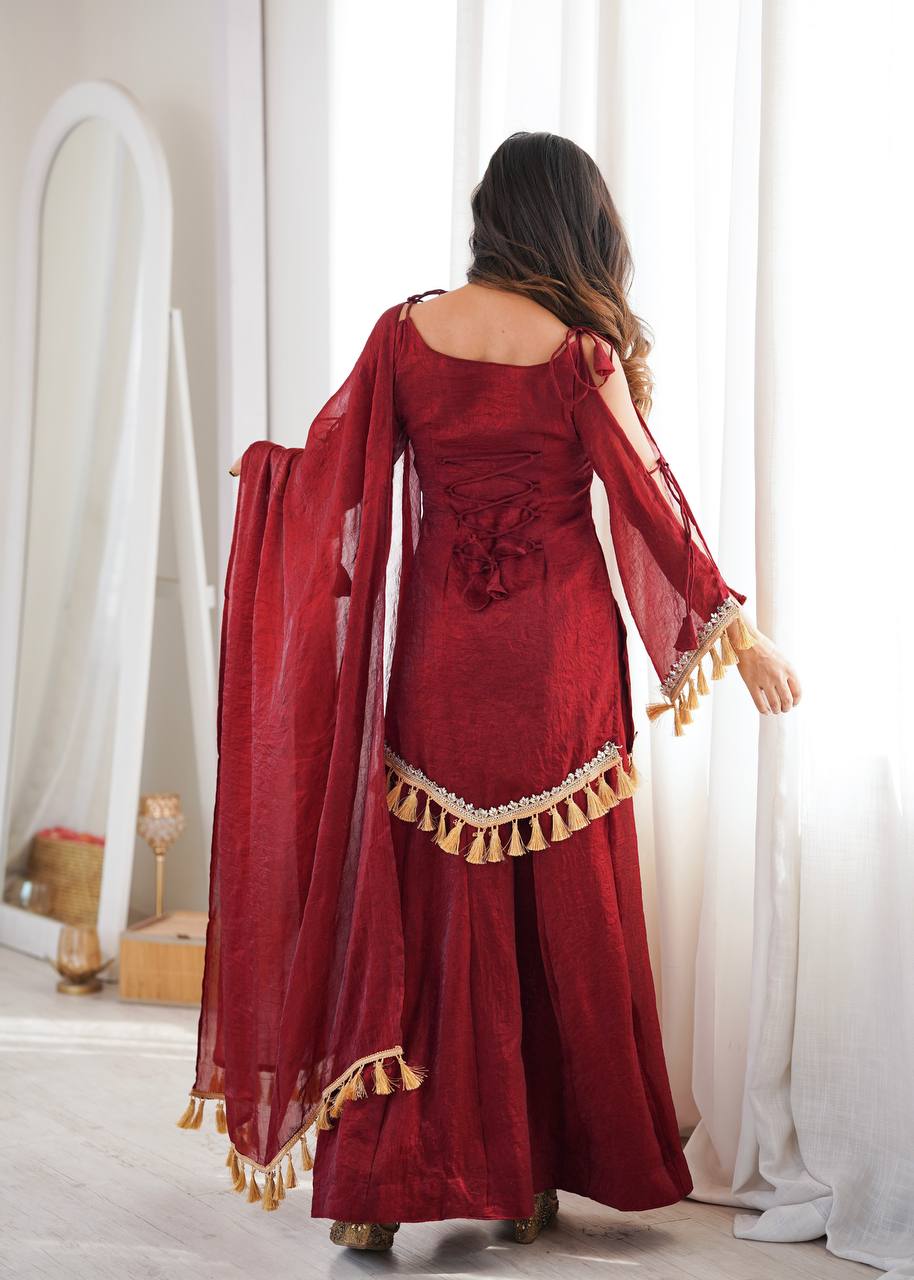 Arti Chauhan Wear Maroon Color Mirror Work Raksha Bandhan Wear Palazzo Suit