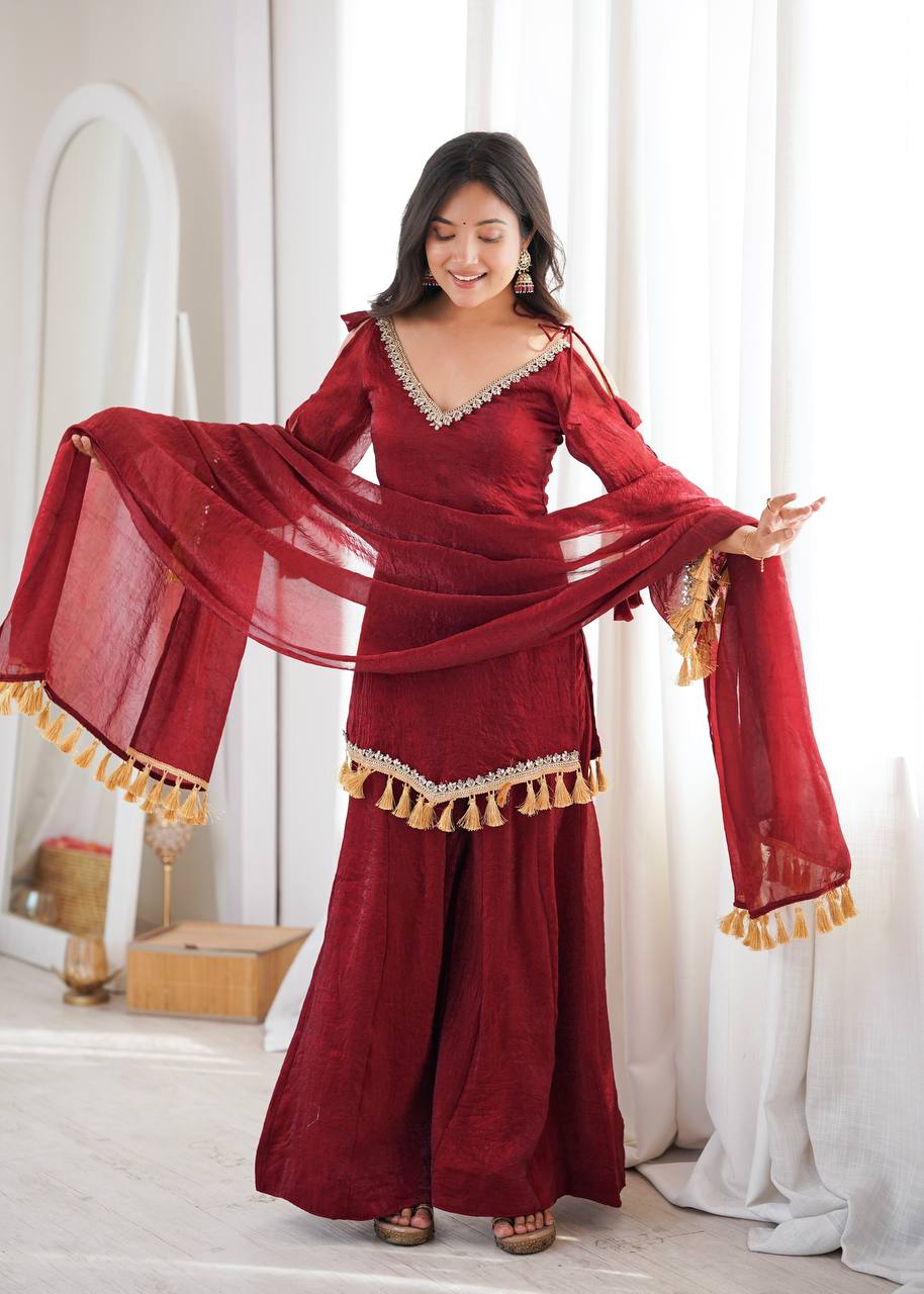 Arti Chauhan Wear Maroon Color Mirror Work Raksha Bandhan Wear Palazzo Suit