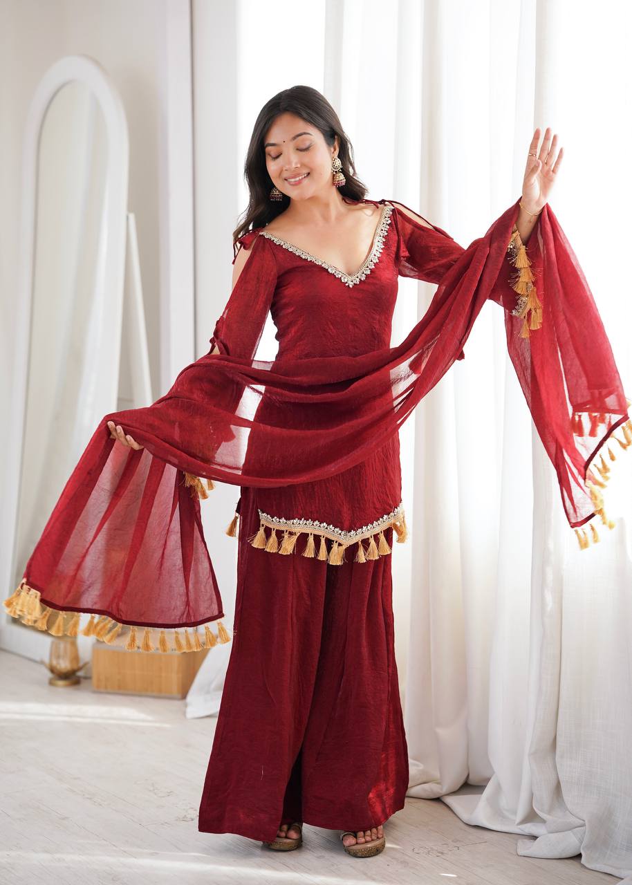 Arti Chauhan Wear Maroon Color Mirror Work Raksha Bandhan Wear Palazzo Suit