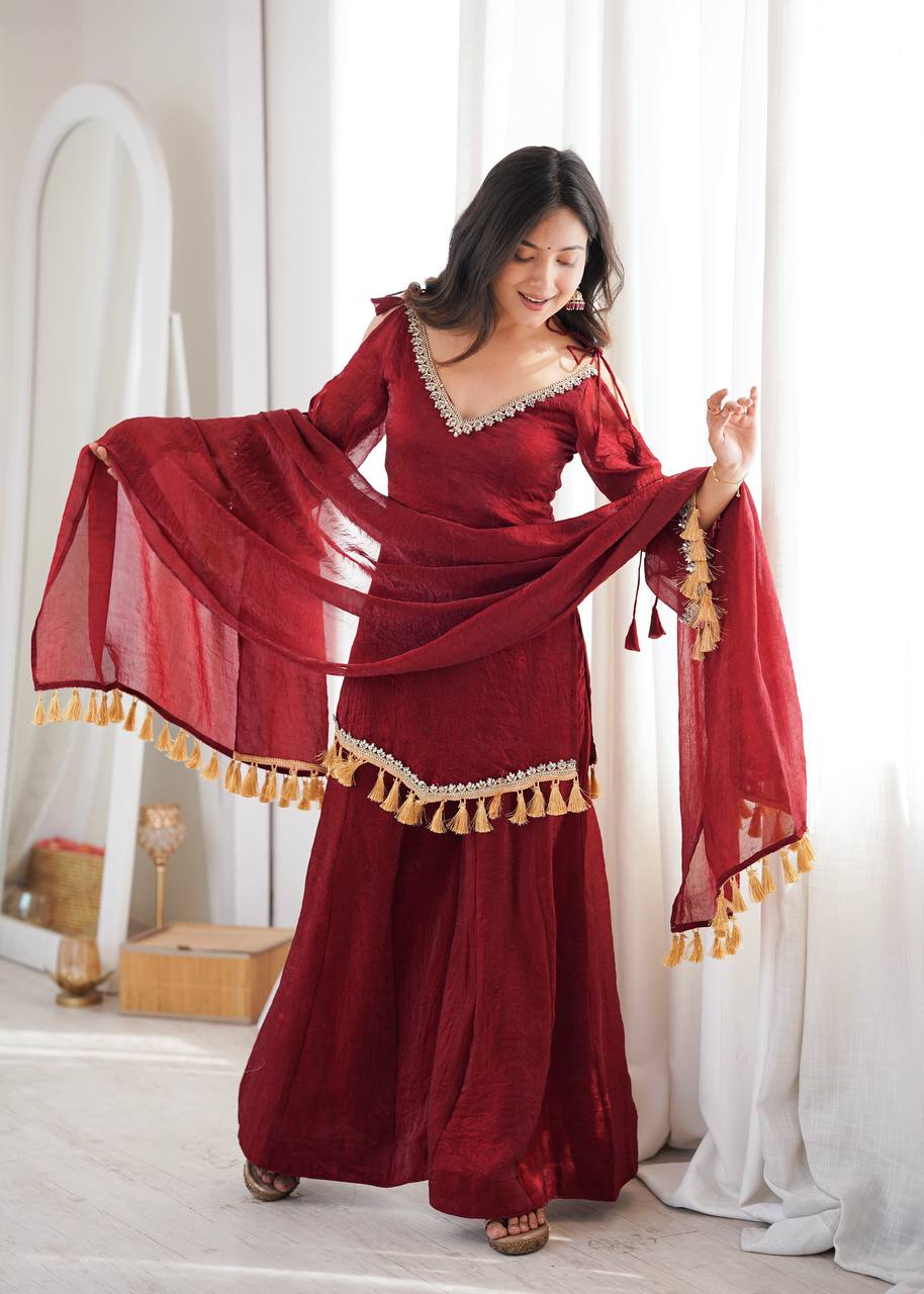 Arti Chauhan Wear Maroon Color Mirror Work Raksha Bandhan Wear Palazzo Suit