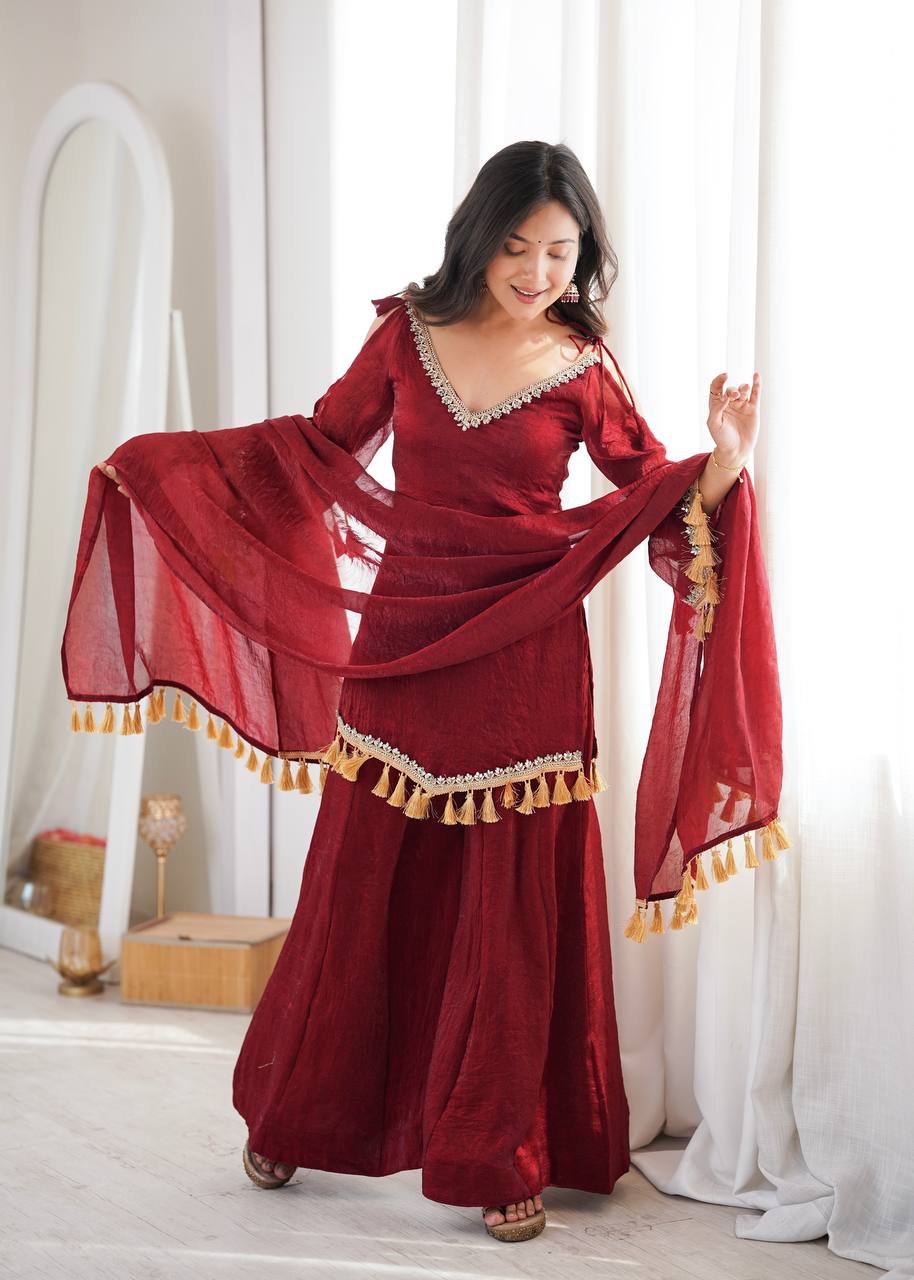 Arti Chauhan Wear Maroon Color Mirror Work Raksha Bandhan Wear Palazzo Suit